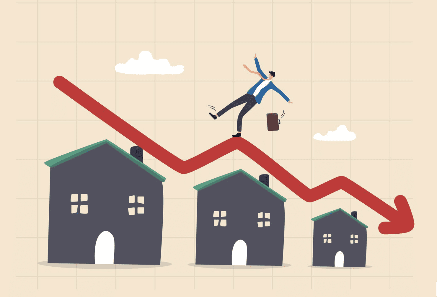 Man falling on a downward trend line over houses.