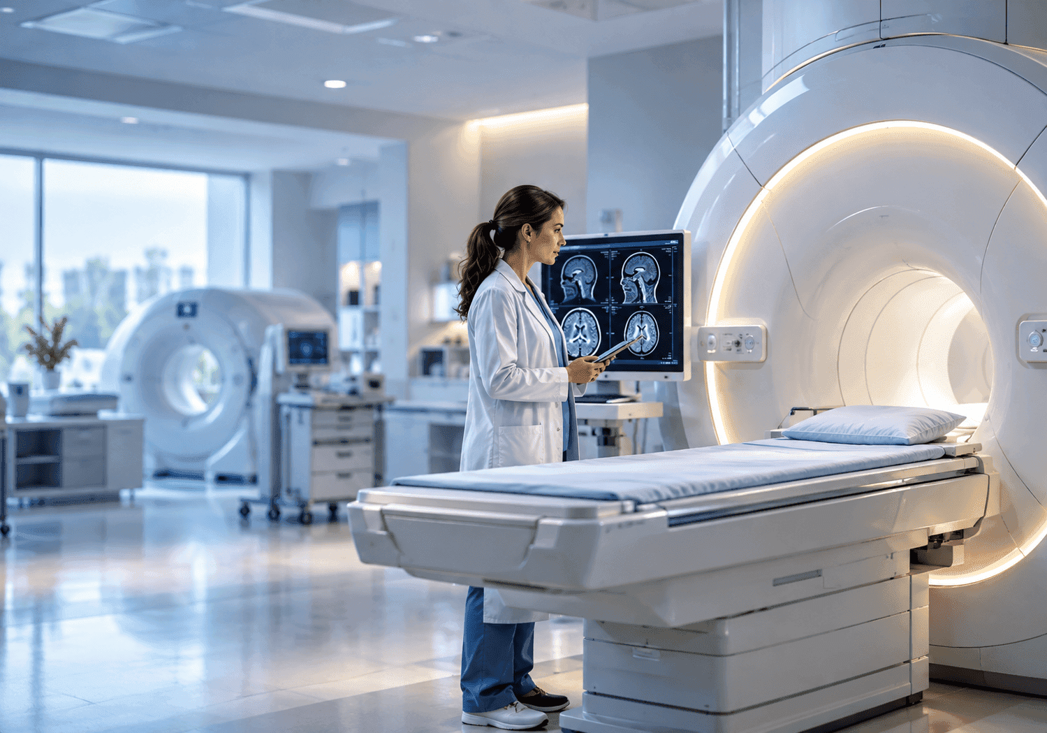 Radiologist reviewing brain scans beside an MRI scanner