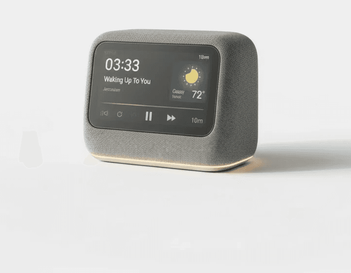 A retro-style radio in dark gray, displaying knobs and buttons on the front, set against a light background.