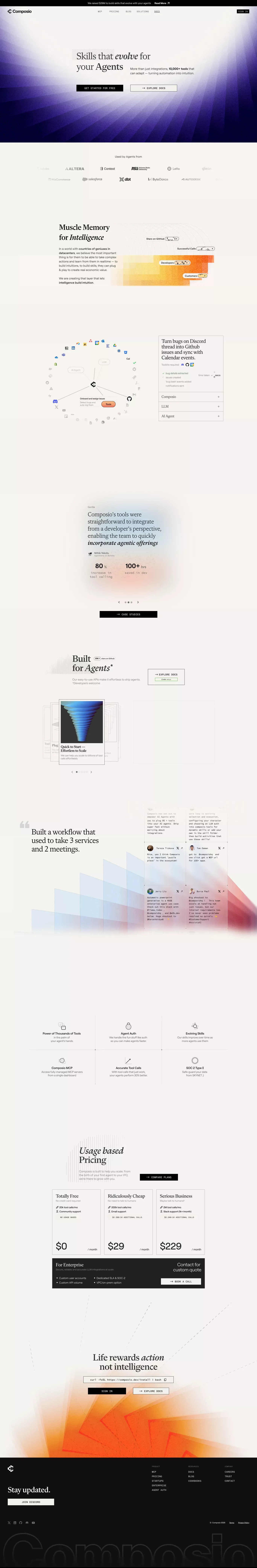 Composio - The Skill Layer of AI landing page screenshot showcasing Tech design