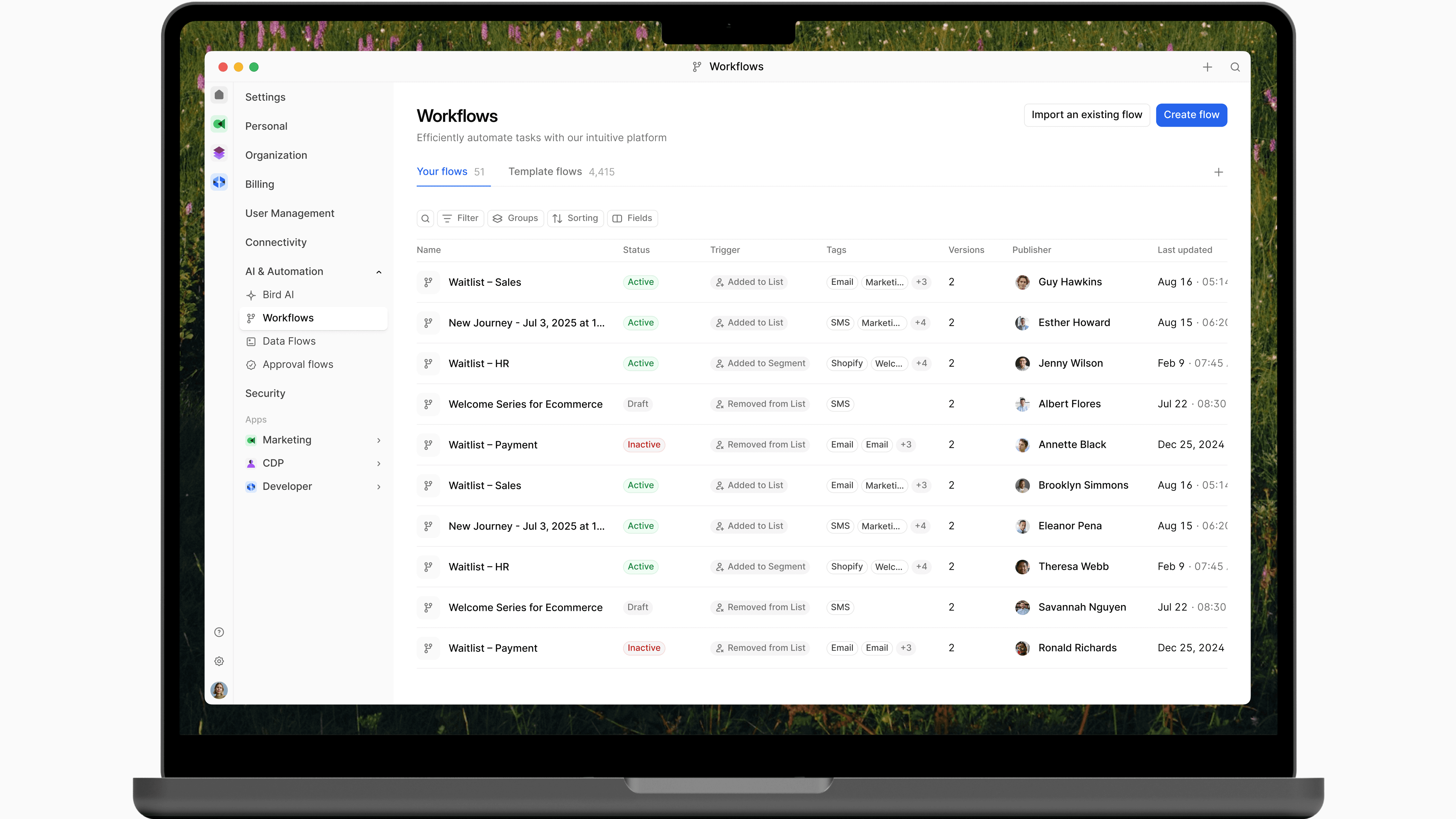 Bird's workflow management platform interface, featuring a list of tasks with various statuses and options for creating new workflows, illustrating the theme of intelligent automation.