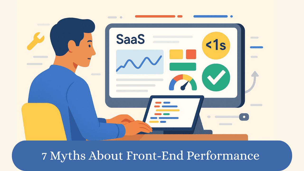Developer optimizing a SaaS dashboard with performance gauges showing sub-one-second load times.