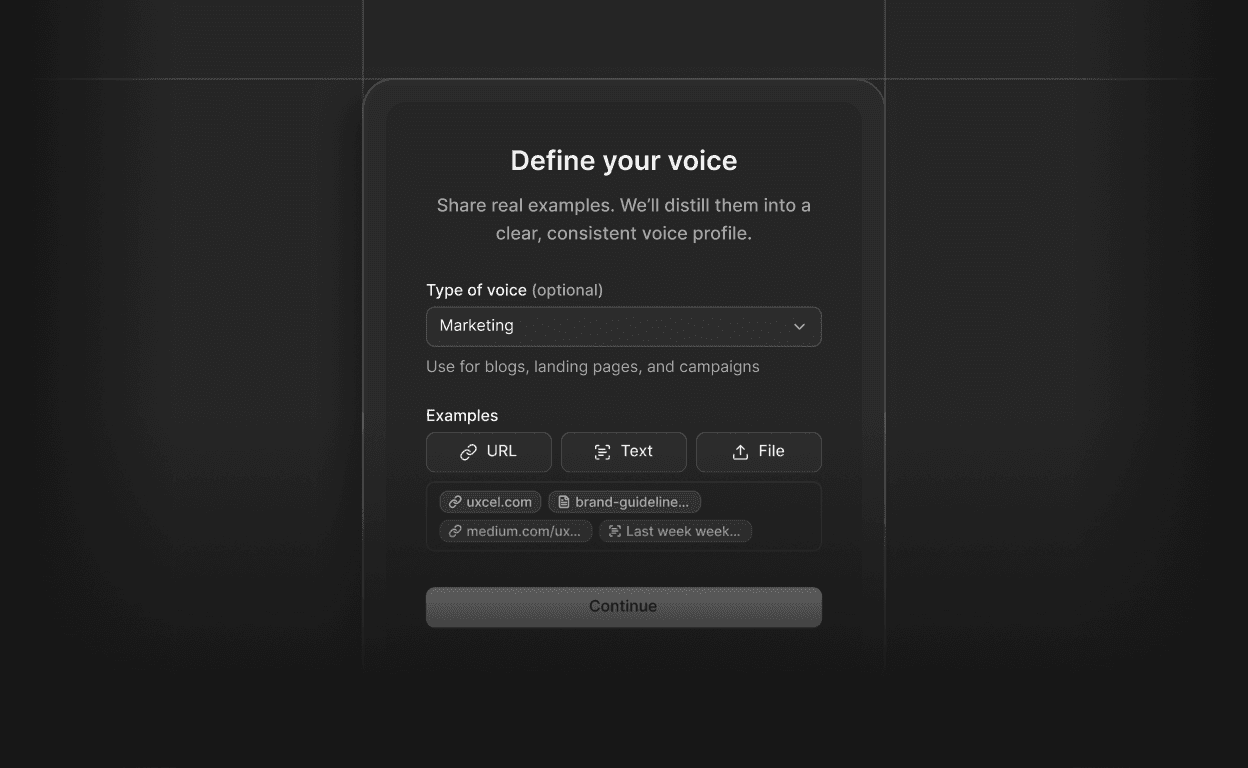 Brand voice setup screen showing options to define a voice from URLs, text, and uploaded files in Brivvy.