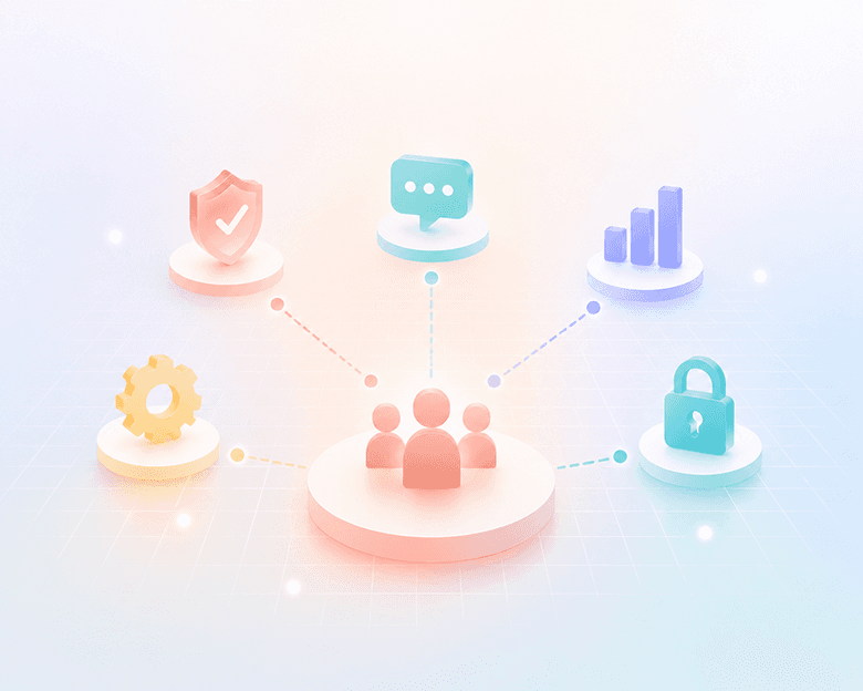 Illustration of a community engagement platform featuring icons for compliance, communication, analytics, settings, and data security