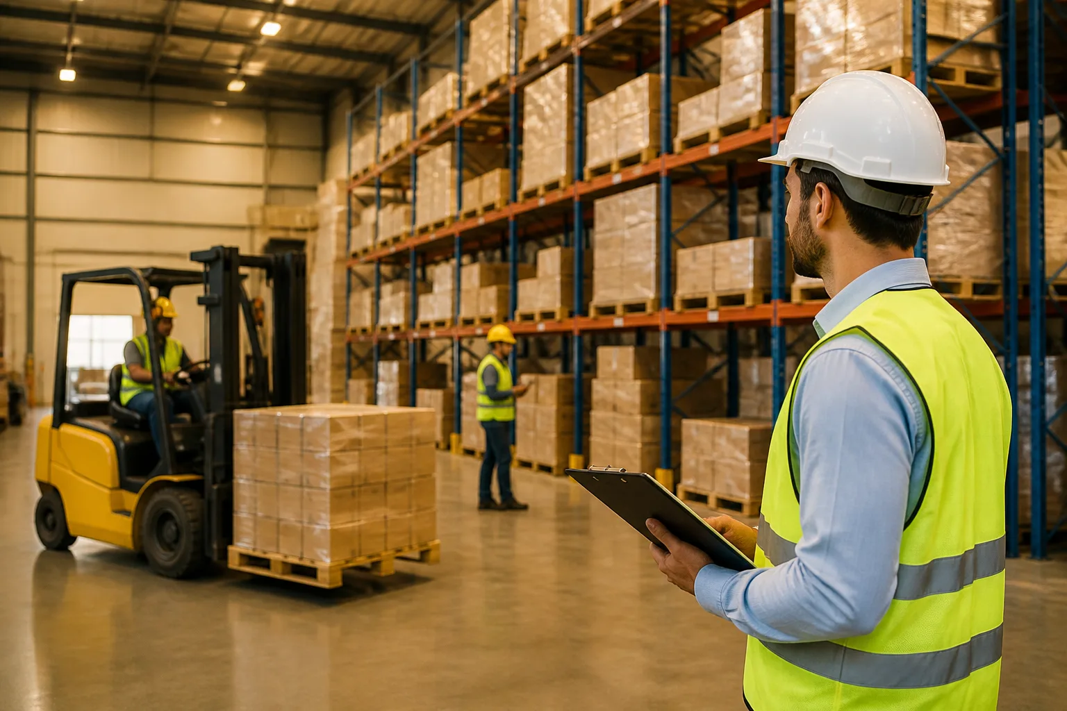Warehousing Company Setup in Dubai beside a warehouse with cargo pallets and a shipping container