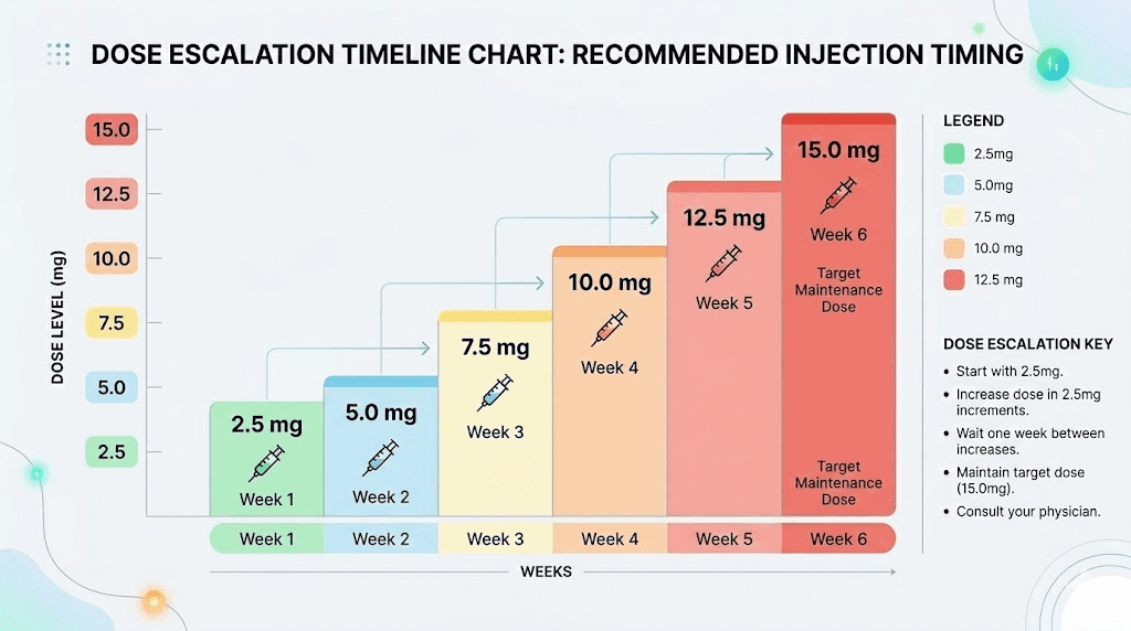 Tirzepatide dose escalation injection timing guide by dose level