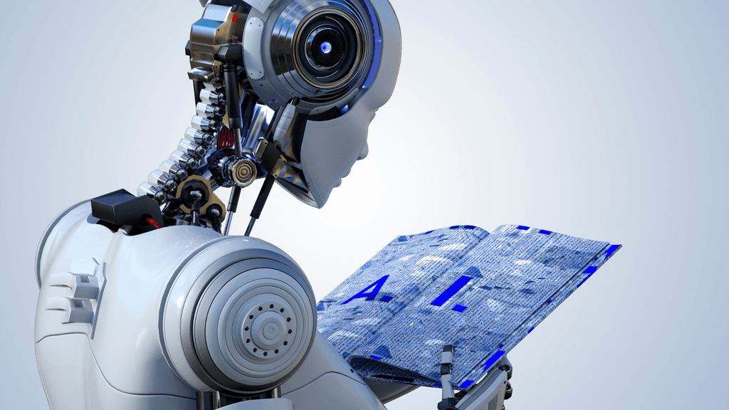 An advanced robot reading a book about AI