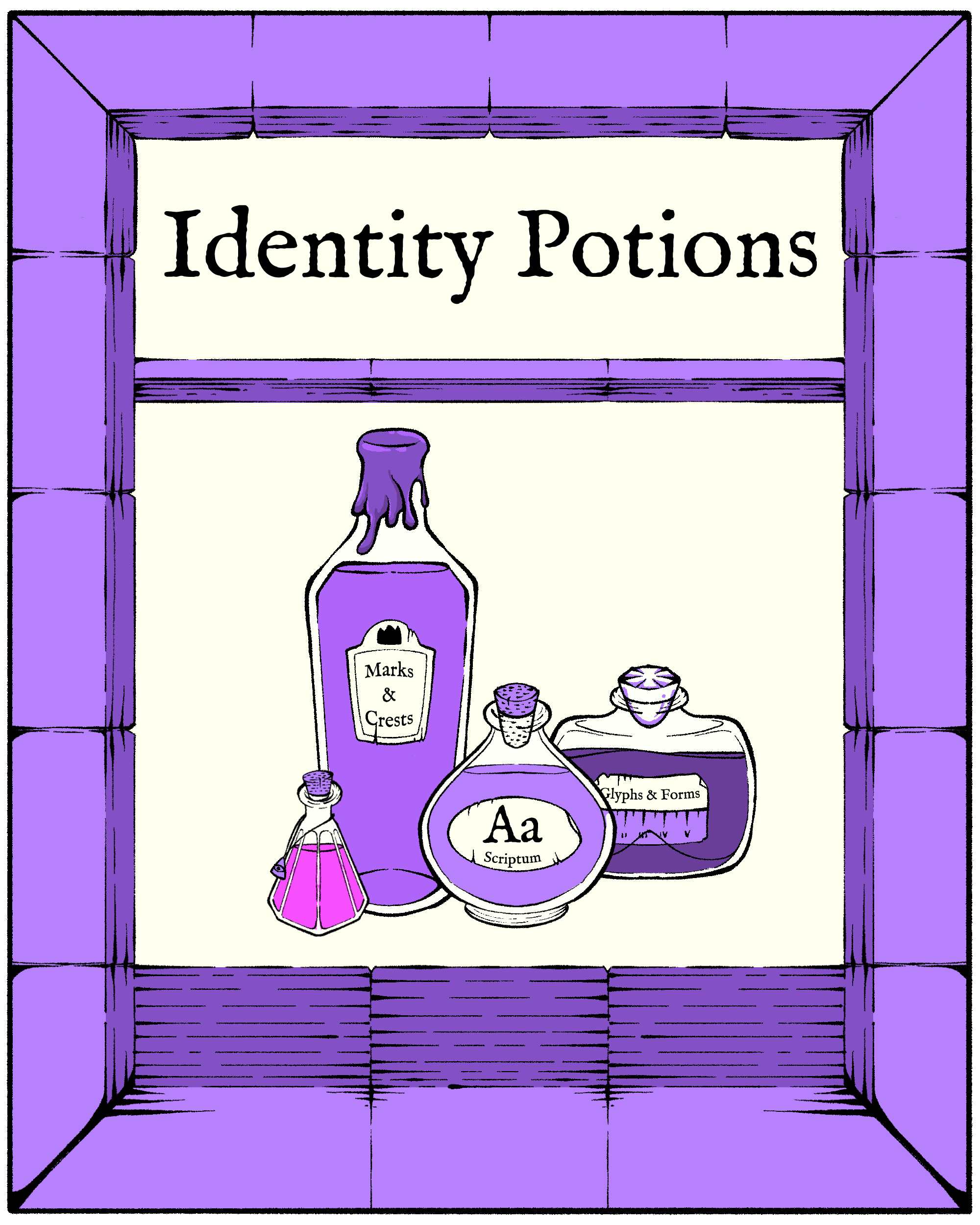 Illustration of a frame with 4 bottles of potions symbolizing essential parts of a breand