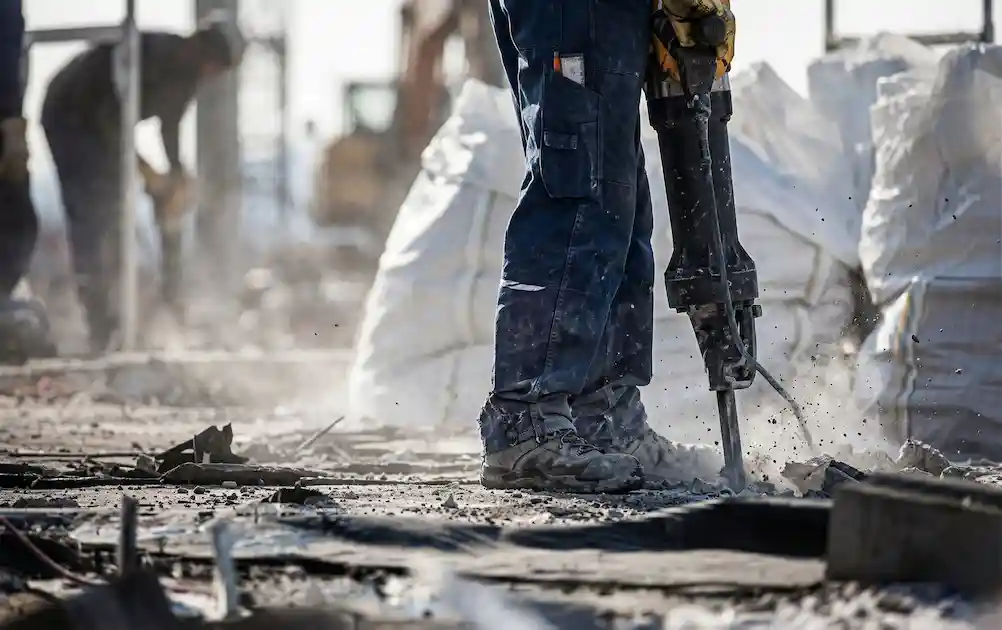 Arbeiter mit Presslufthammer bei Abbrucharbeiten auf einer Baustelle in Wien
