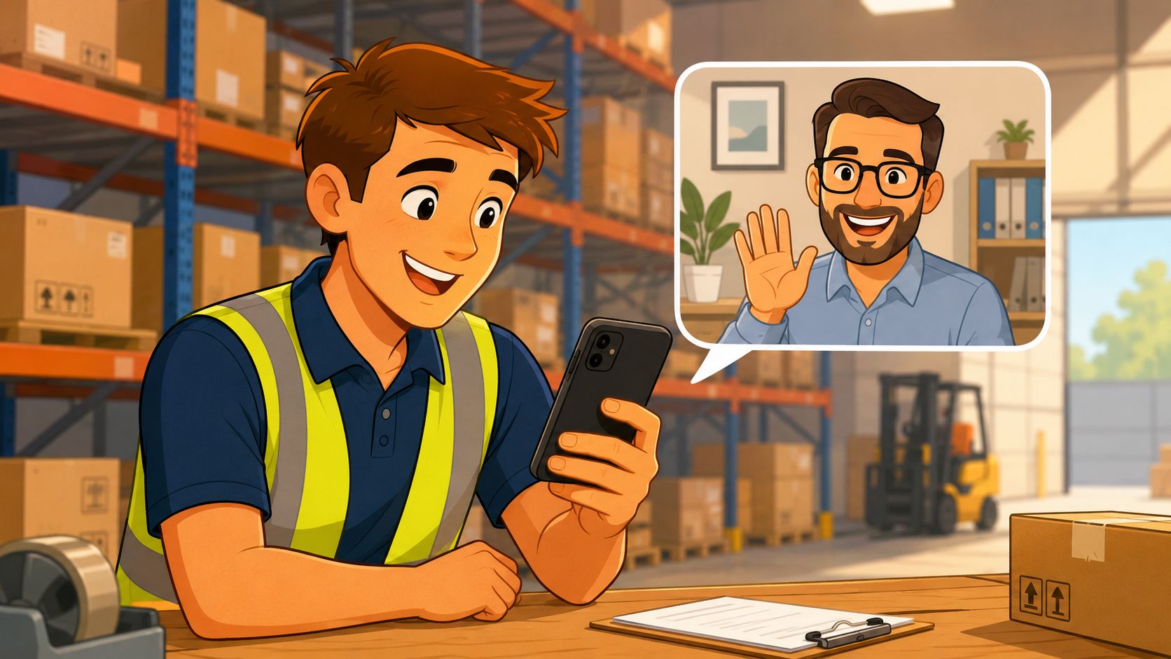 A smiling warehouse employee in a safety vest video calling a manager on his smartphone.