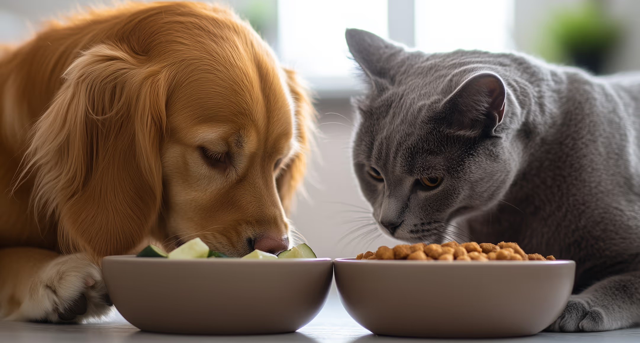 A golden retriever and a gray cat intently sniff their separate bowls of dog food and cat treats.