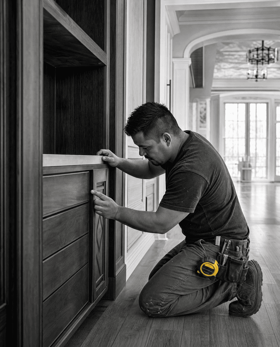 Finish carpenter checking drawer alignment on custom built-in cabinetry during a home remodel.