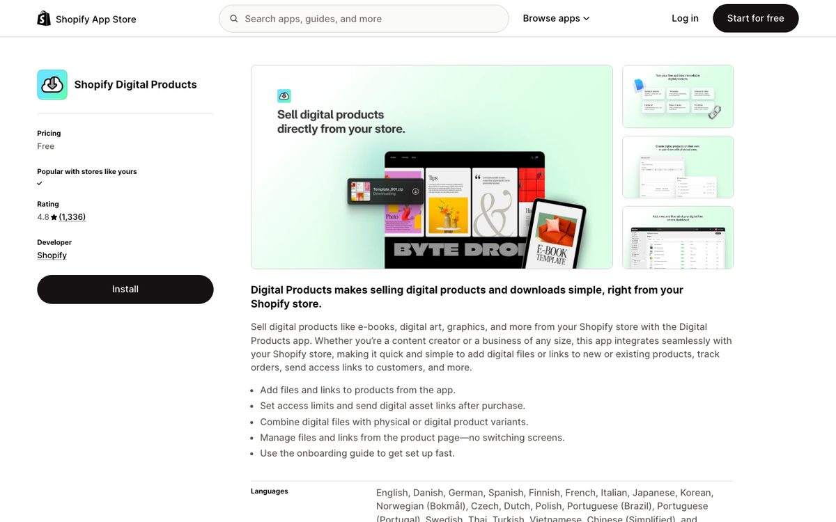 The Shopify Digital Products app listing in the Shopify App Store, showing it is free