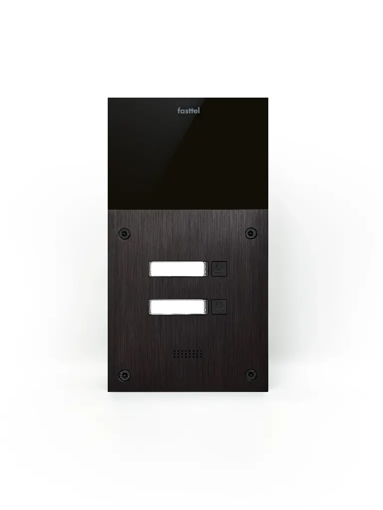 Black smart home device with screen showing time and temp