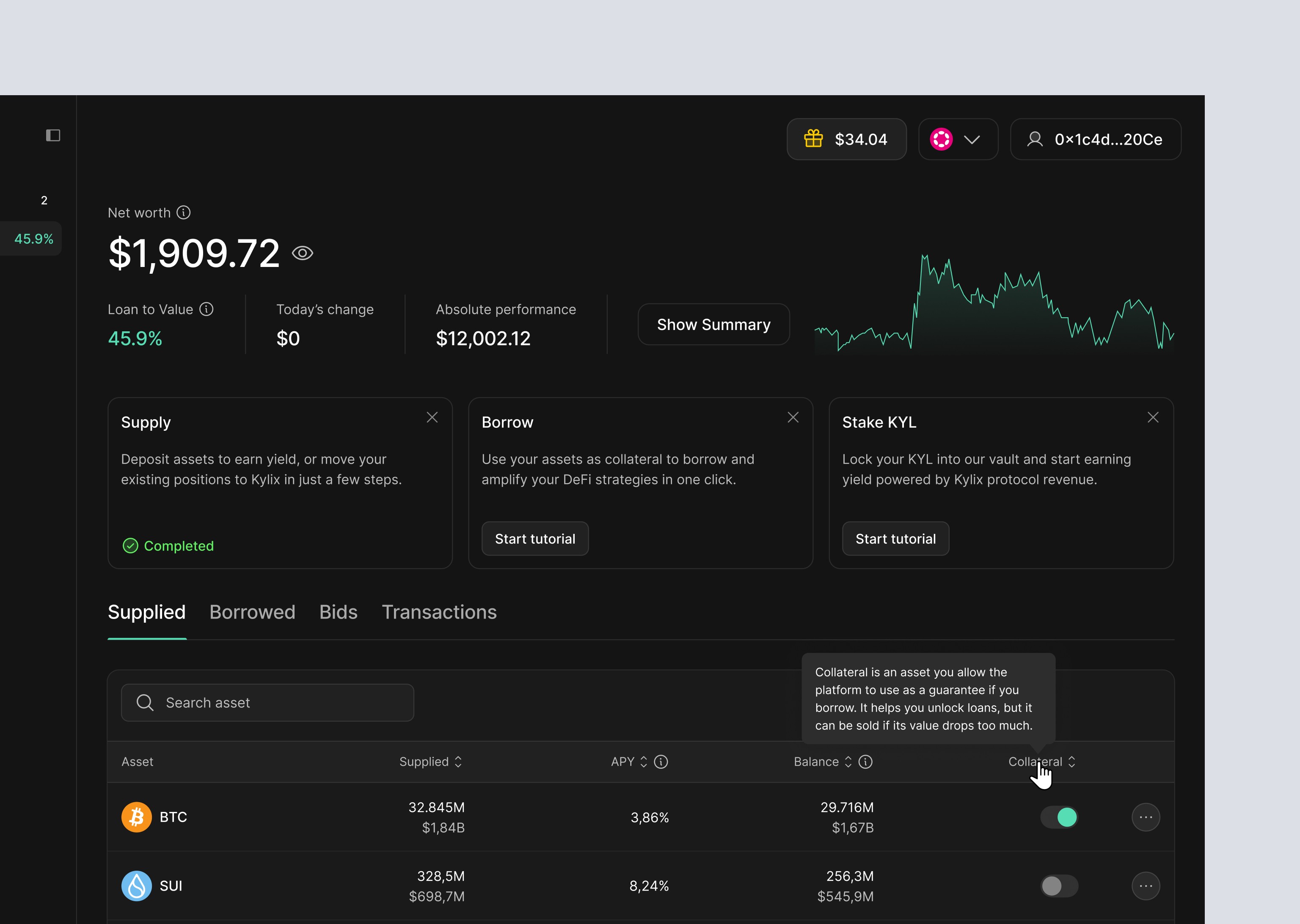 DeFi dashboard showing asset overview, staking, borrowing & yield options.