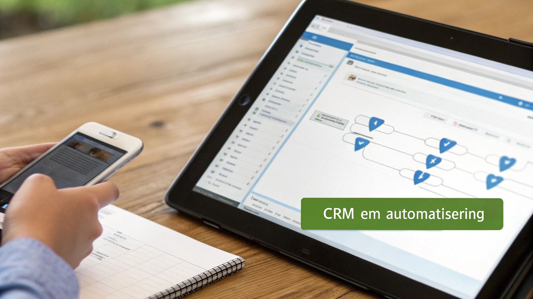 Een persoon houdt een smartphone en kijkt naar een tablet met een CRM automatiseringsworkflow op een houten tafel.