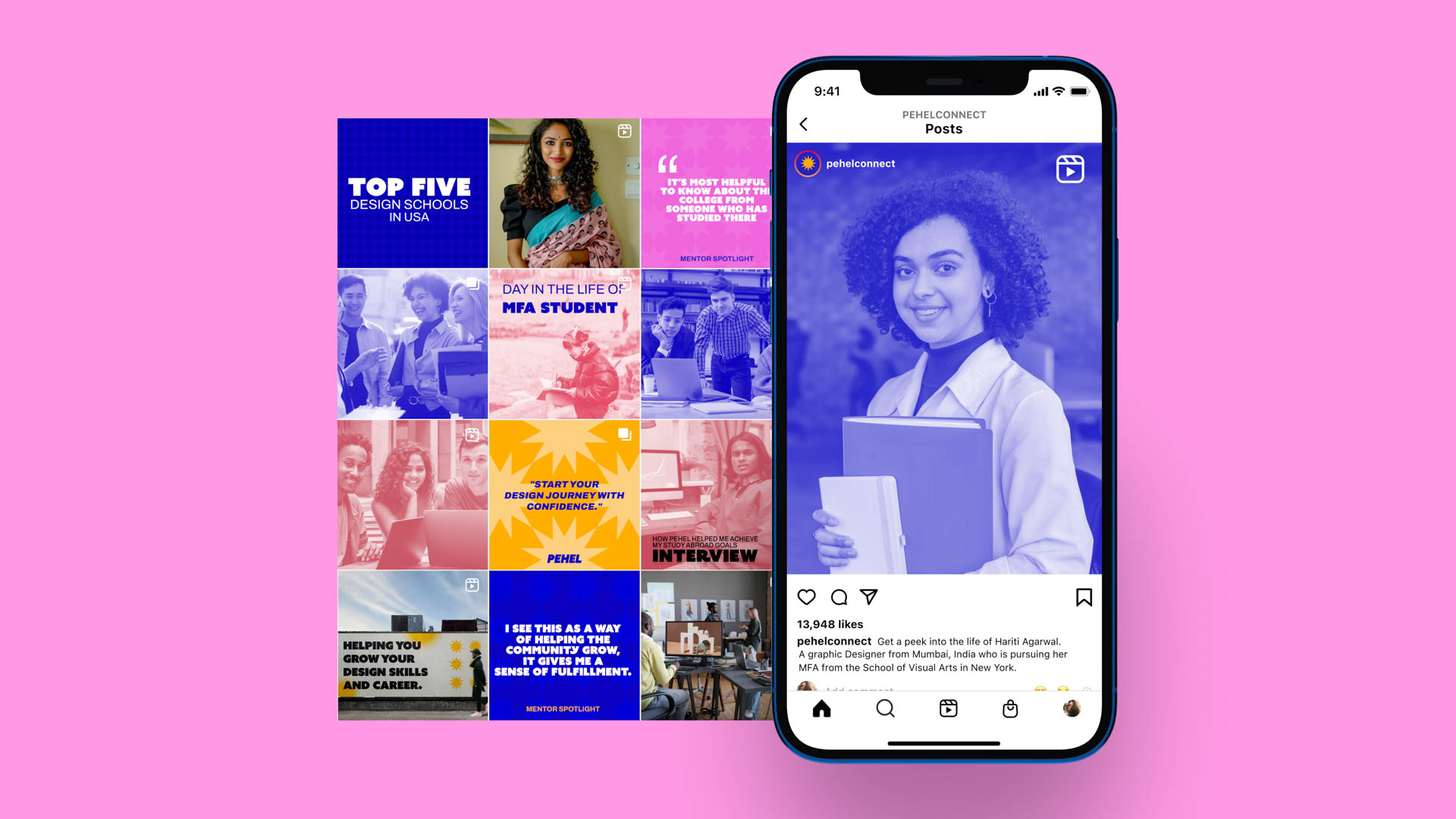 A smartphone displays a social media post from Pehlehconnect, titled “Posts,” featuring a woman holding a book. The post includes text: “13.15 likes,” “Pehlehconnect: A group of students in India who are pursuing their dreams,” and “Pehlehconnect: A group of students in India who are pursuing their dreams.” The post is part of a grid of colorful social media posts on a pink background.