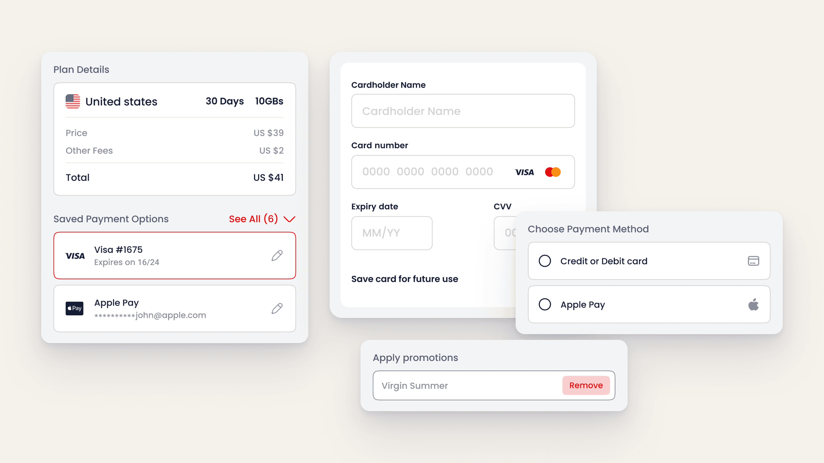 Checkout in parts: plan summary, saved cards, add a card, payment method and promo code