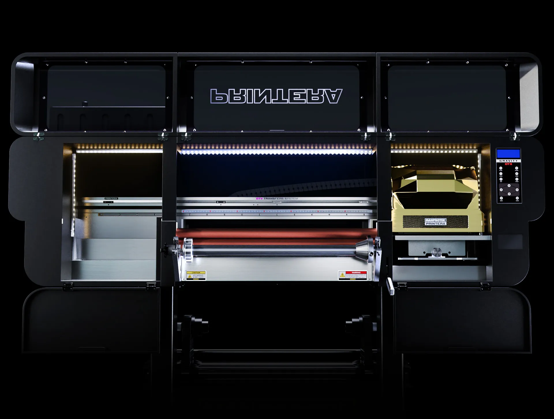 Manprotek Gravity Pro DTF printer featuring 4 internal monitoring cameras for real-time inspection of ink nozzles and the automated cleaning process.