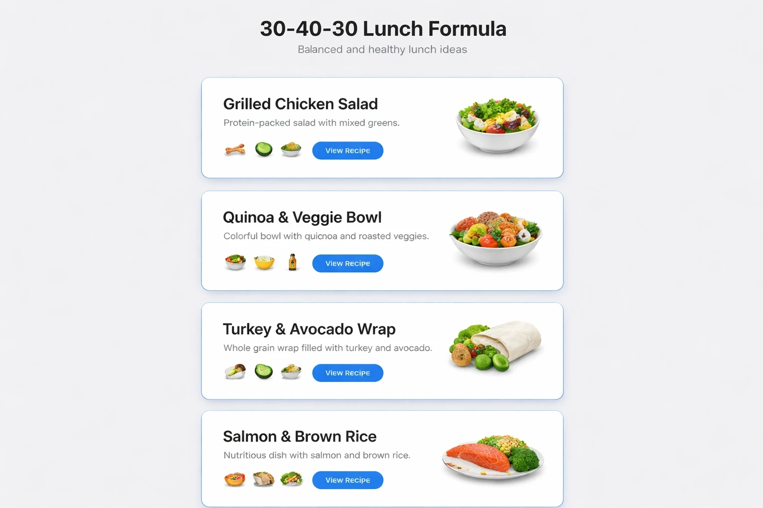 Modern web page layout with a light gray background and blue-accented cards presenting five quick lunch recipes, each card showing a title, description, and ingredient icons in a clean, minimal design.