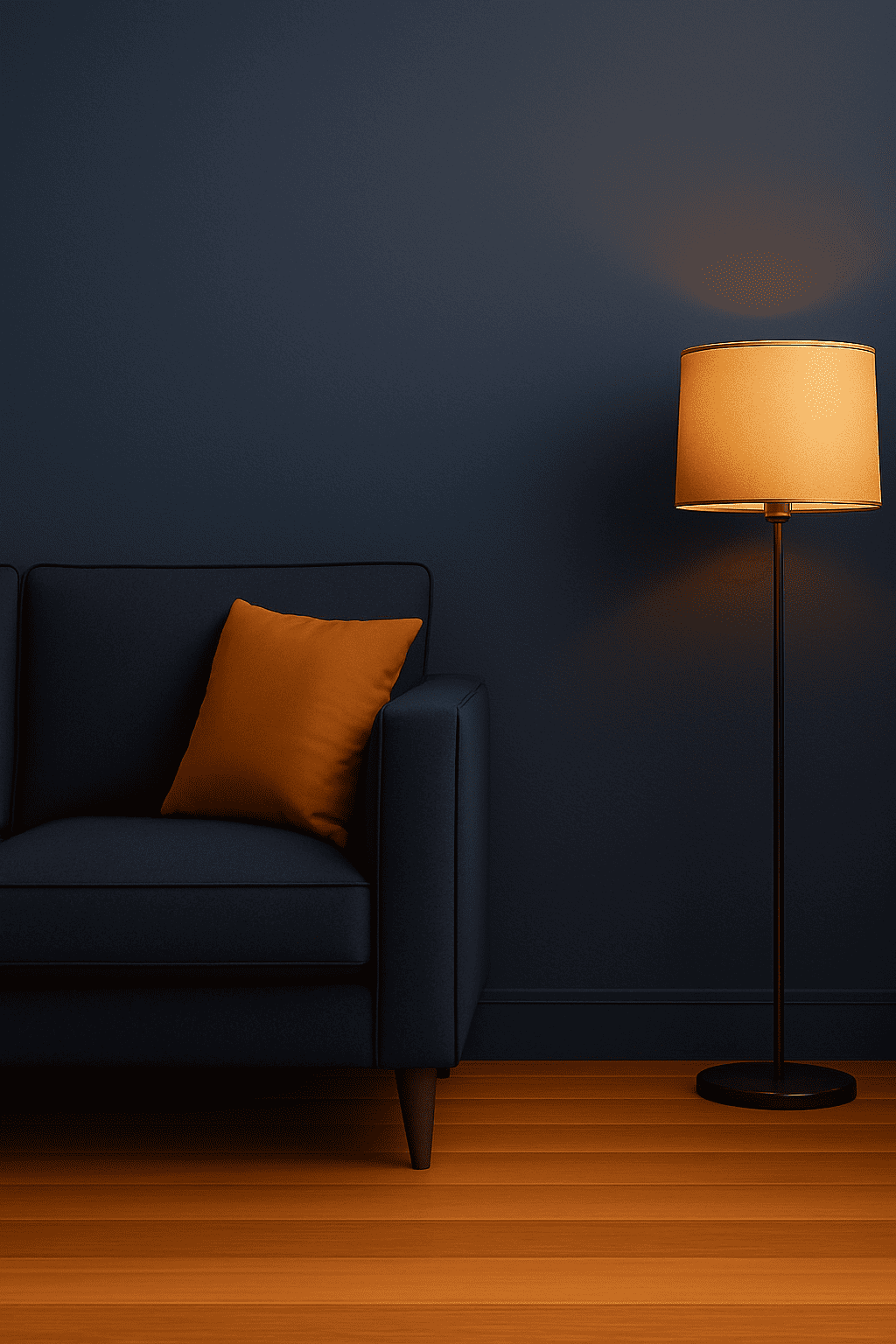 Fundo elegante com sofá azul, luminária e logo da HB Malheiros Vistorias de Imóveis