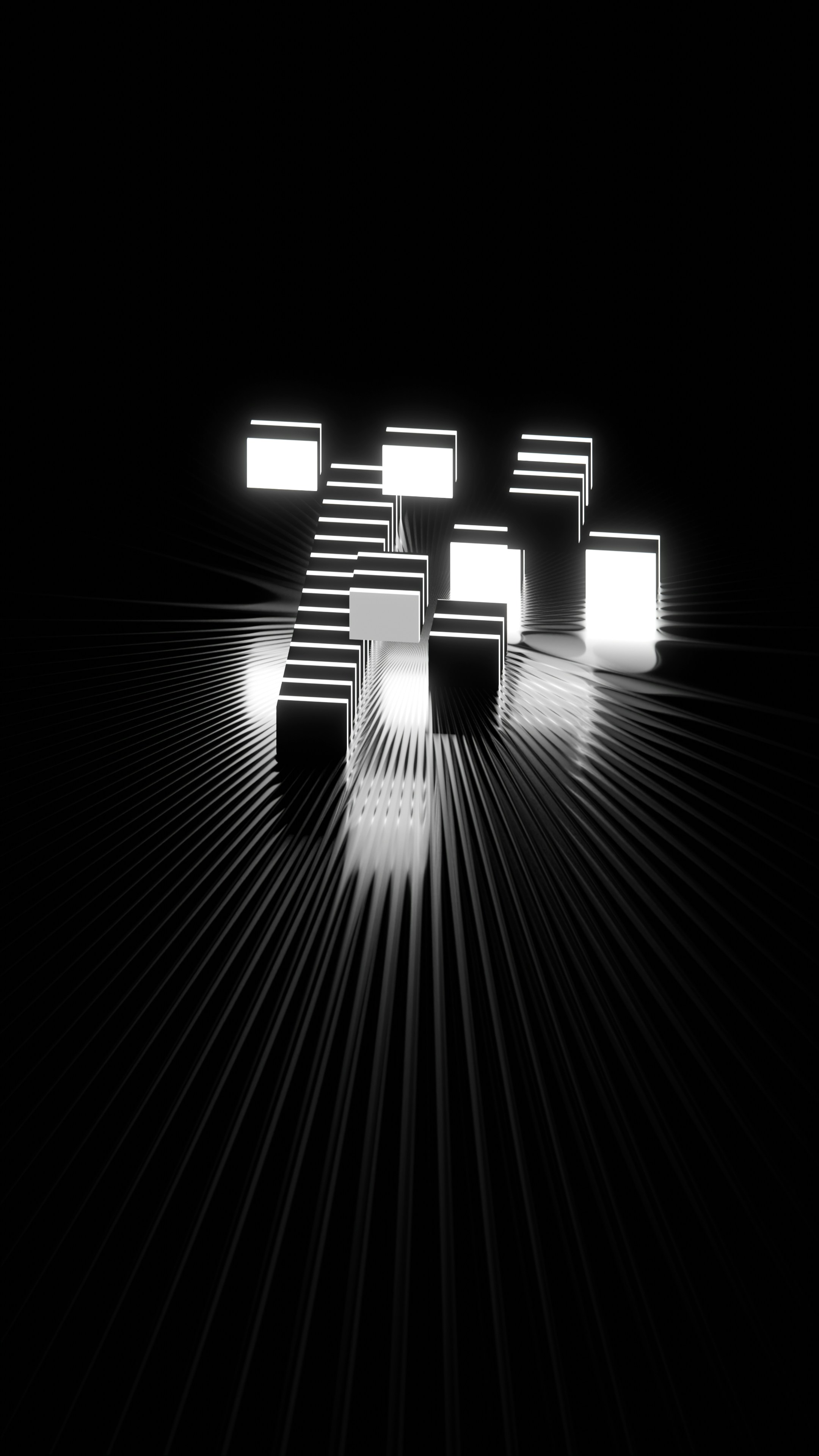 Glowing geometric shapes in a dark setting.