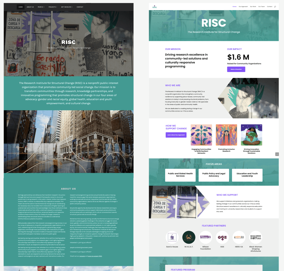 Side-by-side comparison of the RISC website redesign, showing the old version on the left and the new, modern layout on the right.