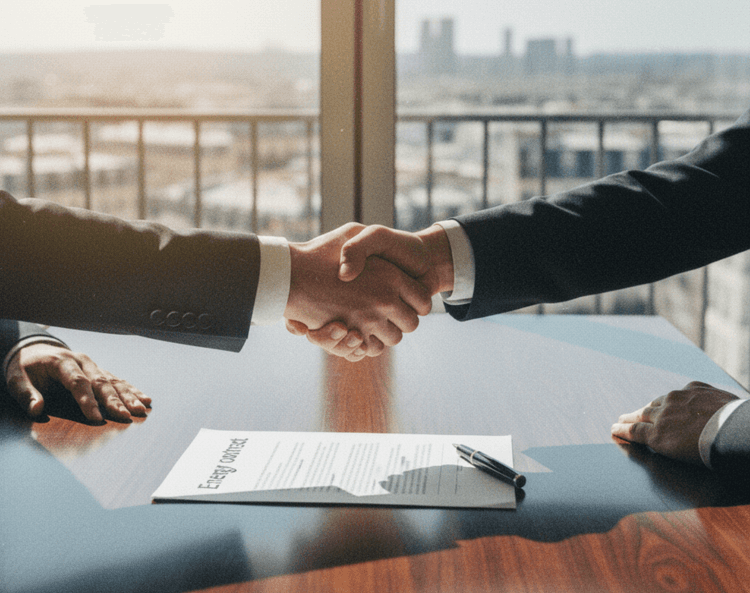 Two business professionals shake hands over a signed energy contract, symbolizing a new decarbonization agreement for a real estate landlord.