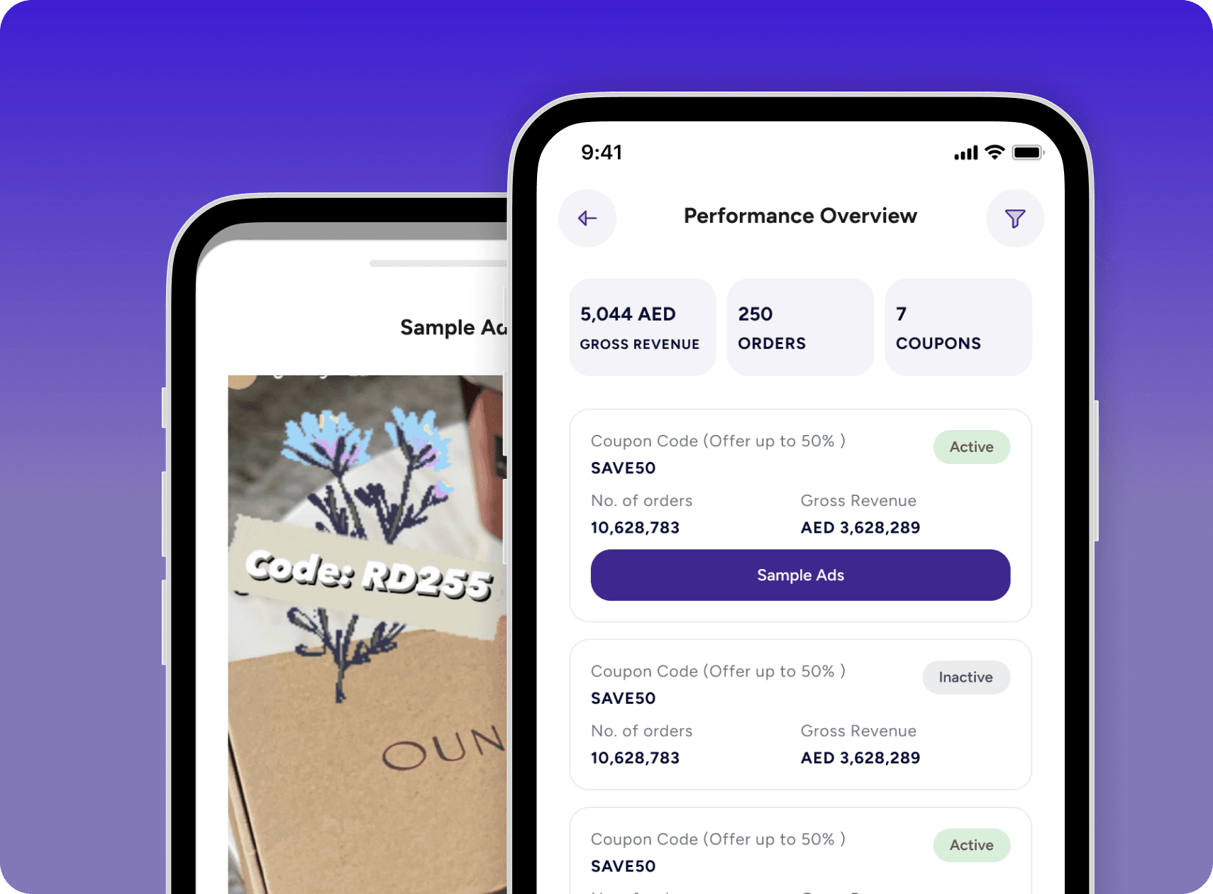 Performance dashboard with revenue, orders, and coupon data