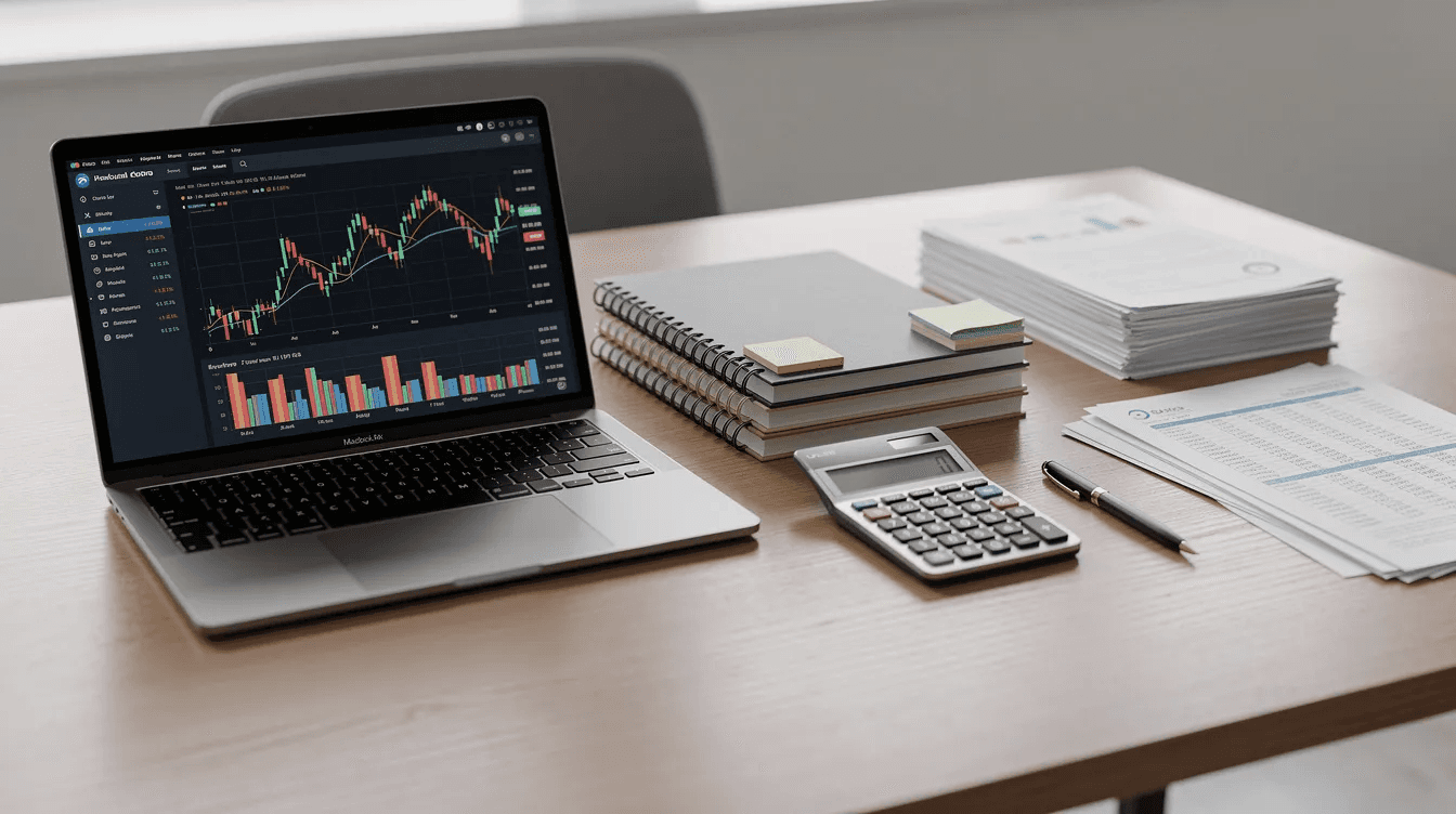 The image depicts an organized office desk featuring a calculator, several notebooks, and a laptop displaying financial charts that likely relate to corporate tax compliance and planning. This setup suggests a focus on corporate tax advisory services and the management of taxable income in accordance with UAE corporate tax law.