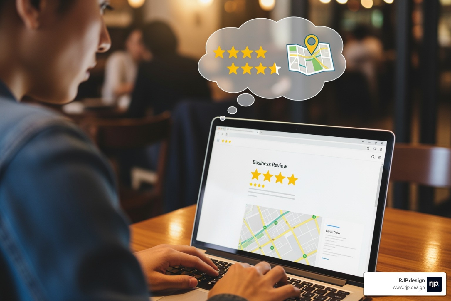 person typing on a laptop with a thought bubble above their head showing review stars and a local map - Local SEO best practices