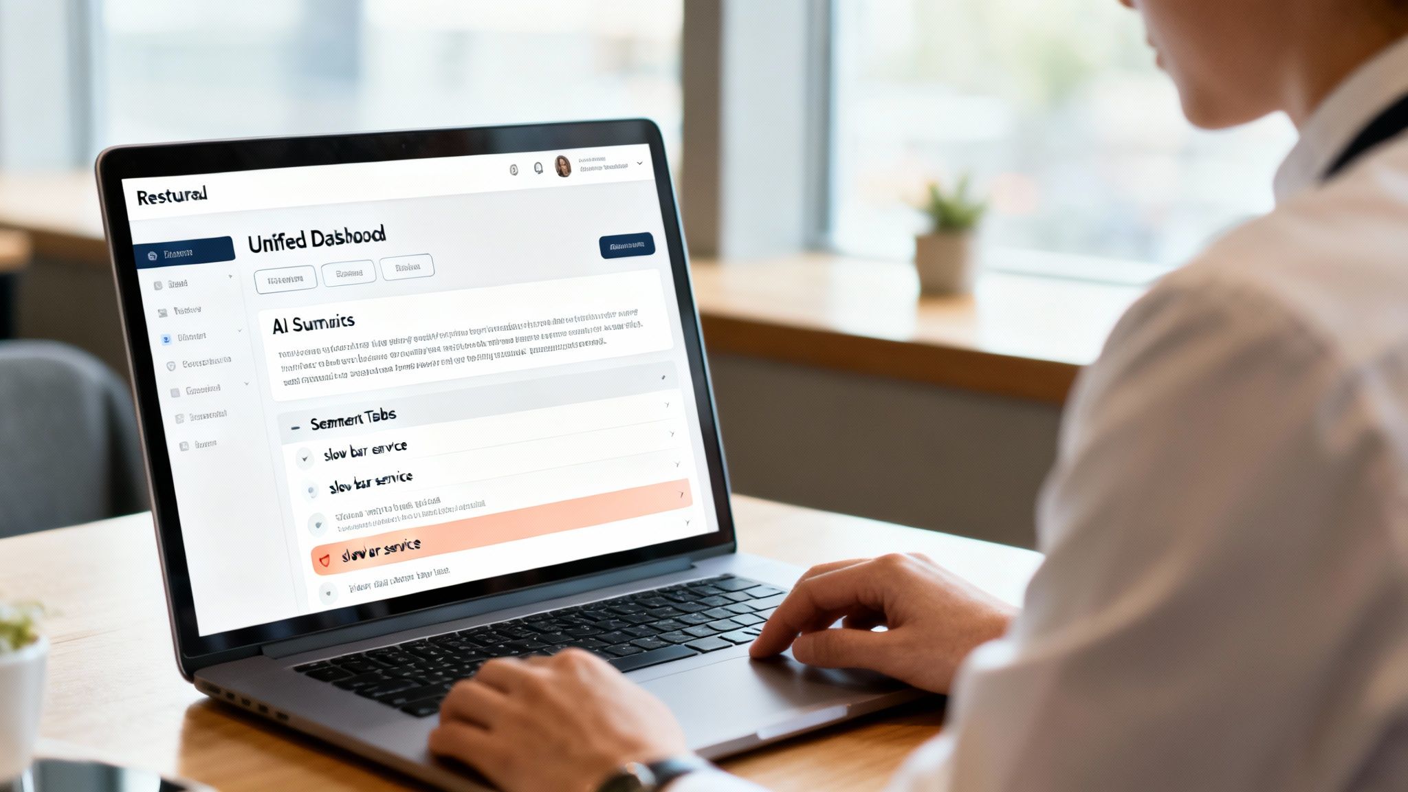 A person uses a laptop, displaying a 'Unified Dashhood' interface with 'AI Summaries' and 'slow bar service' entries.