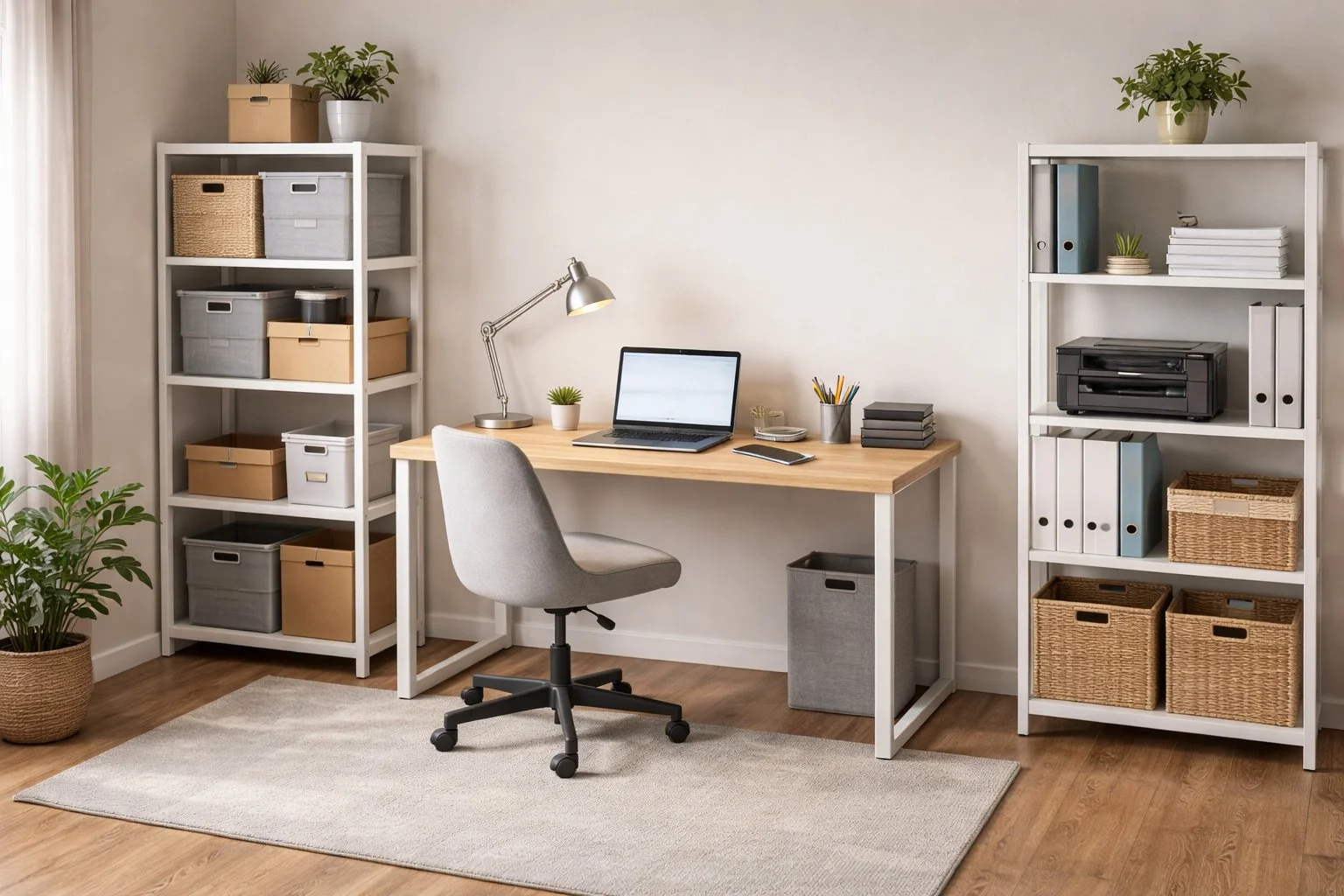 Spare room used as a simple home workspace with a desk, storage shelves, and basic tech setup, showing a low-overhead and minimalist work environment.