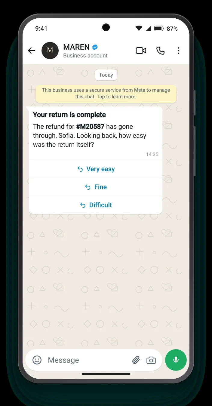 How sending it back felt: WhatsApp feedback message on an Android phone