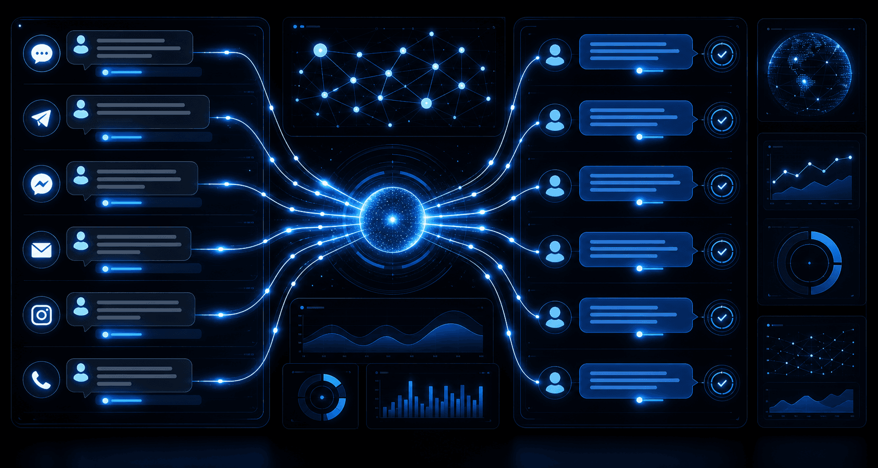 A sleek futuristic dashboard showing multiple simultaneous data streams and chat conversations being processed in parallel, glowing blue and white on a dark background, abstract network nodes connecting instantly, representing ultra-fast automated responses across multiple channels at once, clean minimalist digital aesthetic