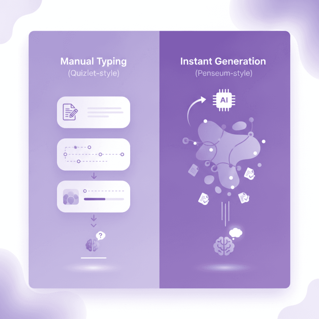 Comparison of Penseum AI flashcard generation versus manual Quizlet entry