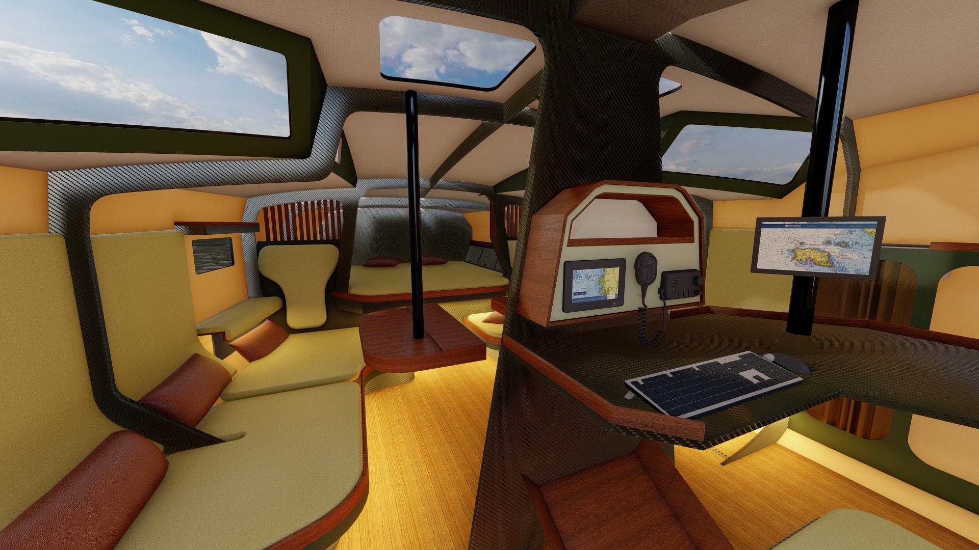 Luxury 48-meter motor yacht concept with hydrogen propulsion, designed by Ronan Ohier, combining family comfort and cutting-edge technology.