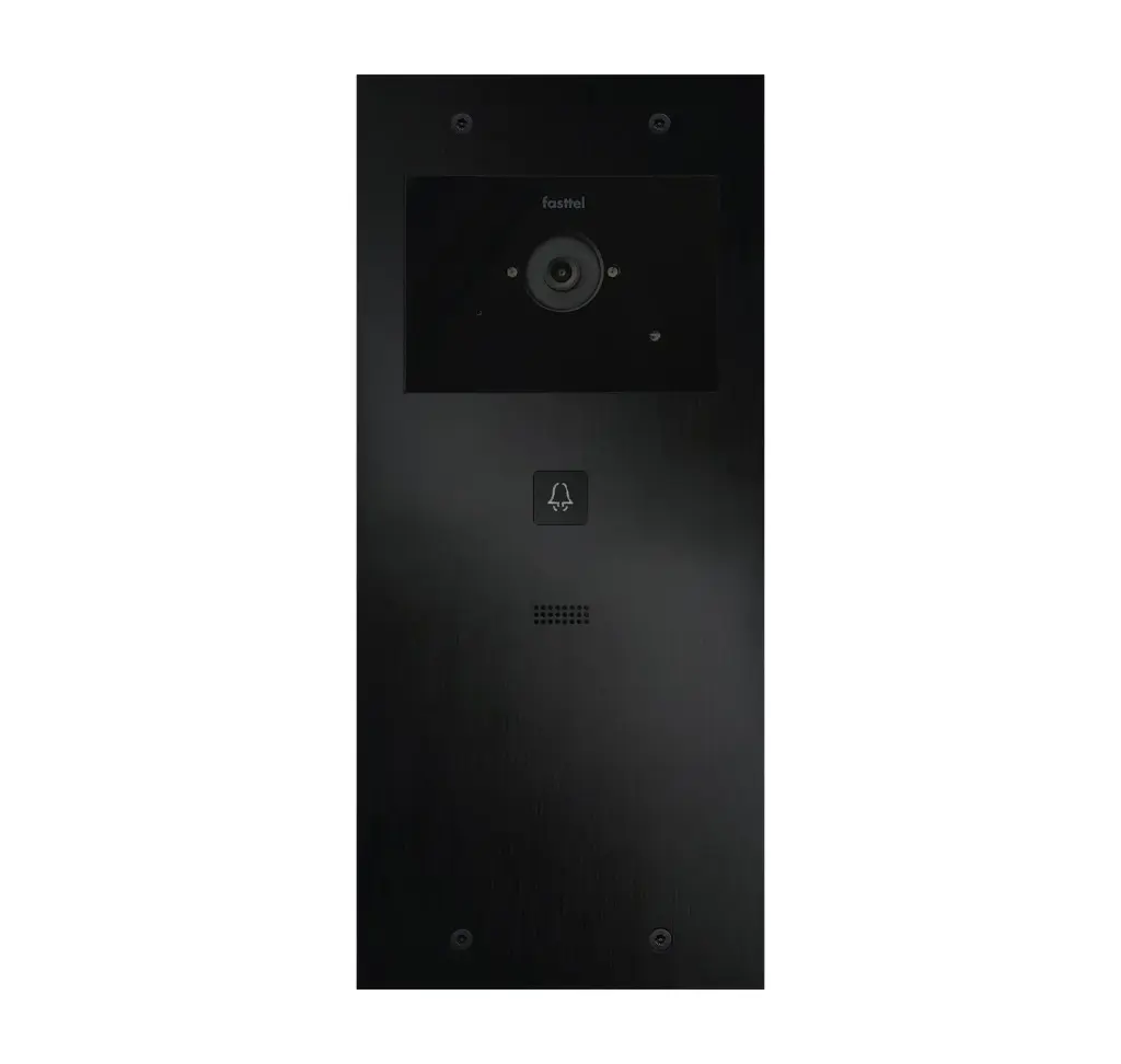 Black smart home device with screen showing time and temp