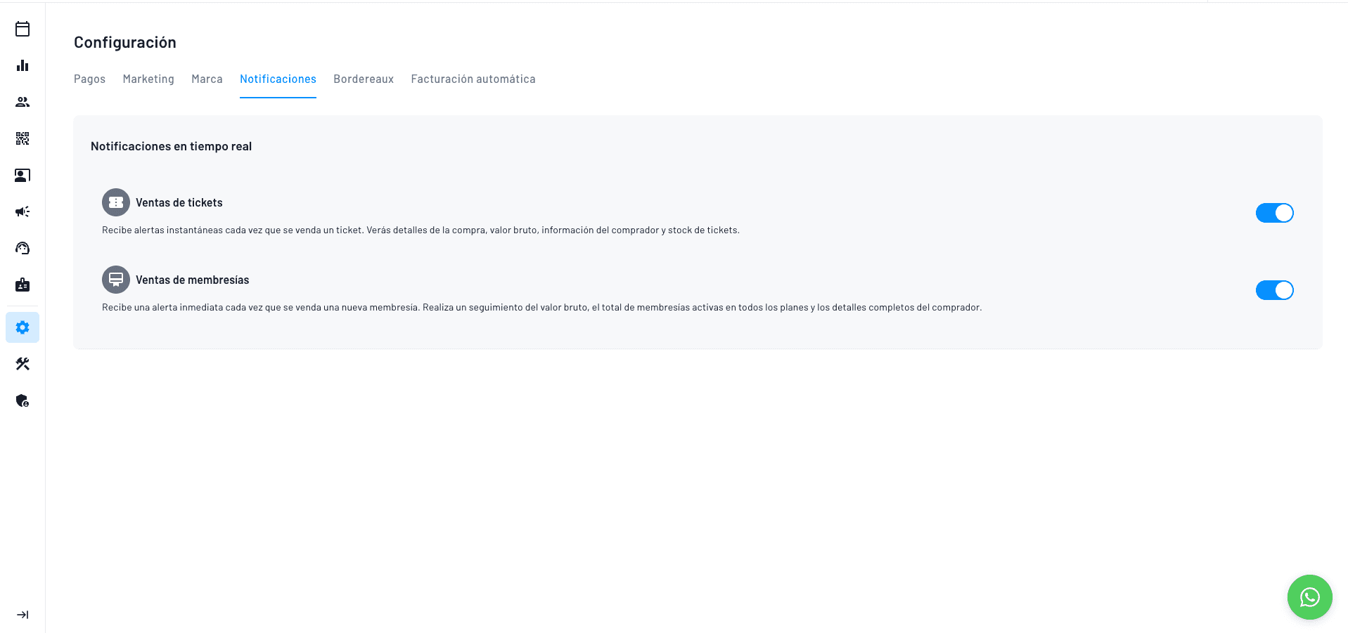 sección para notificar a los patrocinadores o organizadores del evento como vienen las ventas del evento por la plataforma