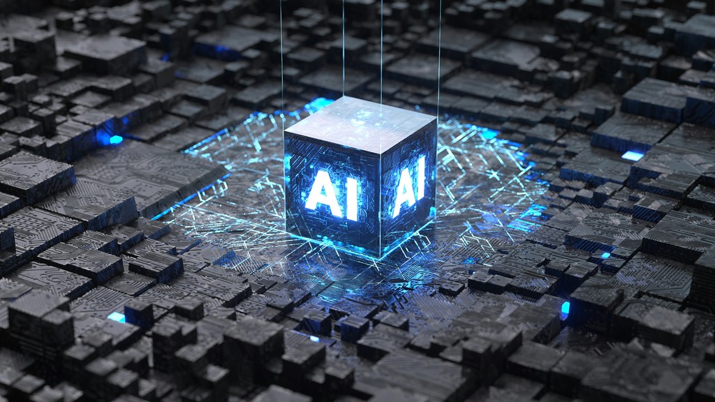 A futuristic representation of artificial intelligence, featuring a glowing cube labeled "AI" suspended above a complex, illuminated circuit board, symbolizing advanced technology and digital innovation.