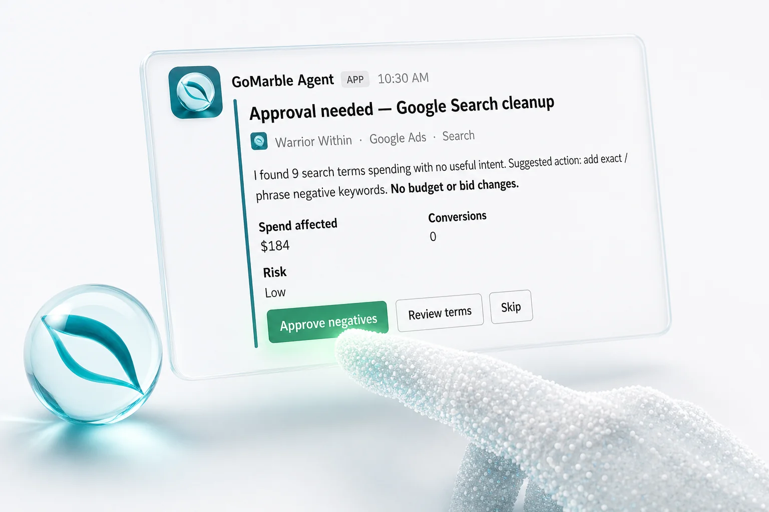A layered archive of paid-social creative, landing pages, customer reviews, personas, and performance evidence converging into GoMarble intelligence