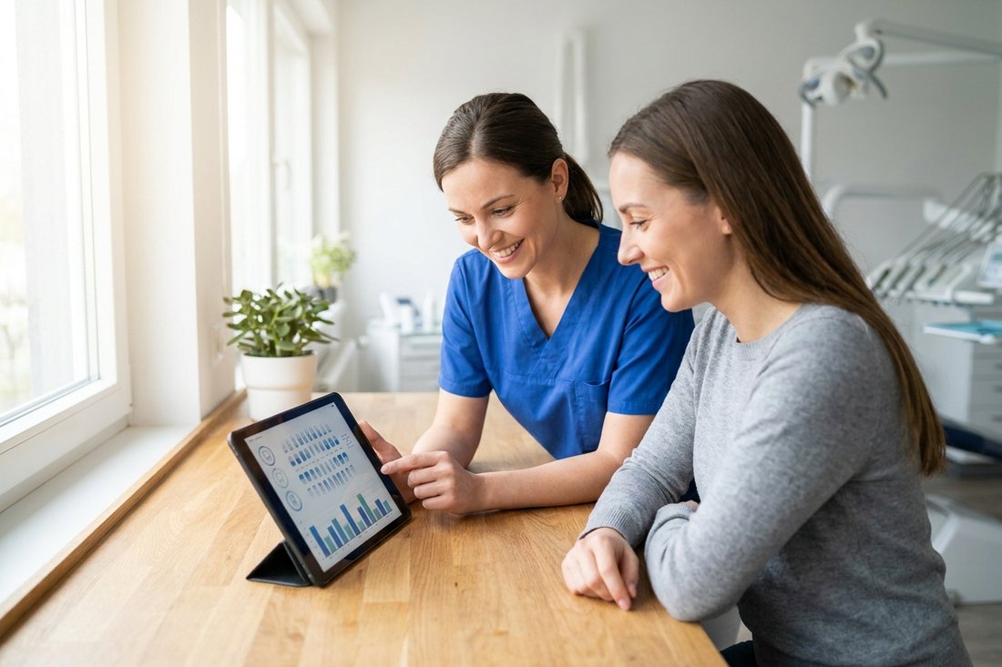 Patient and dentist comparing the cost of bonding, veneers, and crowns on a tablet