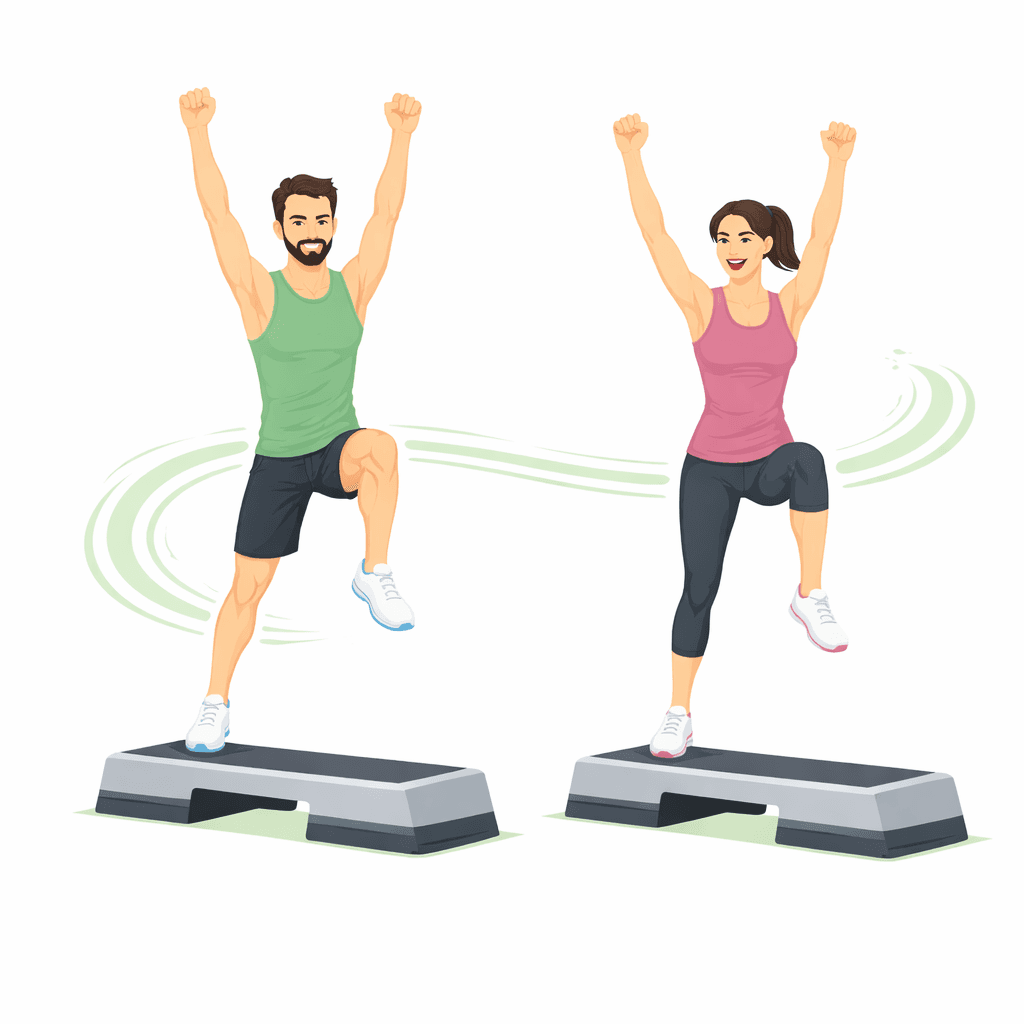 Two individuals are exercising on step platforms, performing dynamic movements in workout attire.