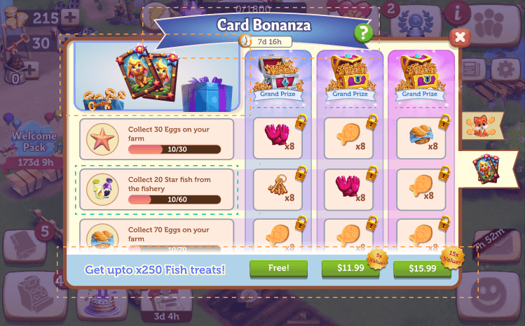 Card Bonanza running next to Pet Pals: tasks and rewards swapped (teal), decoration reused (orange)