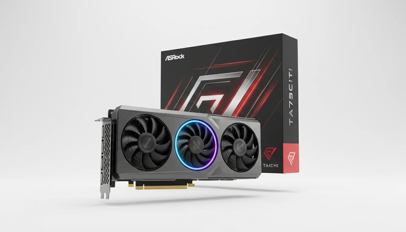 DSLR product photography of a high-end ASRock Taichi AMD Radeon RX 7900 XTX graphics card and its packaging, isolated on a pure white studio background. The scene features soft studio lighting that evenly illuminates the hardware. The triple-fan graphics card is in the foreground, angled to show its dark gunmetal grey shroud and heatsink. The central fan is illuminated by a vibrant circular RGB ring with glowing blue and purple light. Behind the card, the black and red retail box is visible, featuring abstract silver geometric line art and stylized placeholder text. The entire image is in sharp focus, emphasizing the metallic and plastic textures.