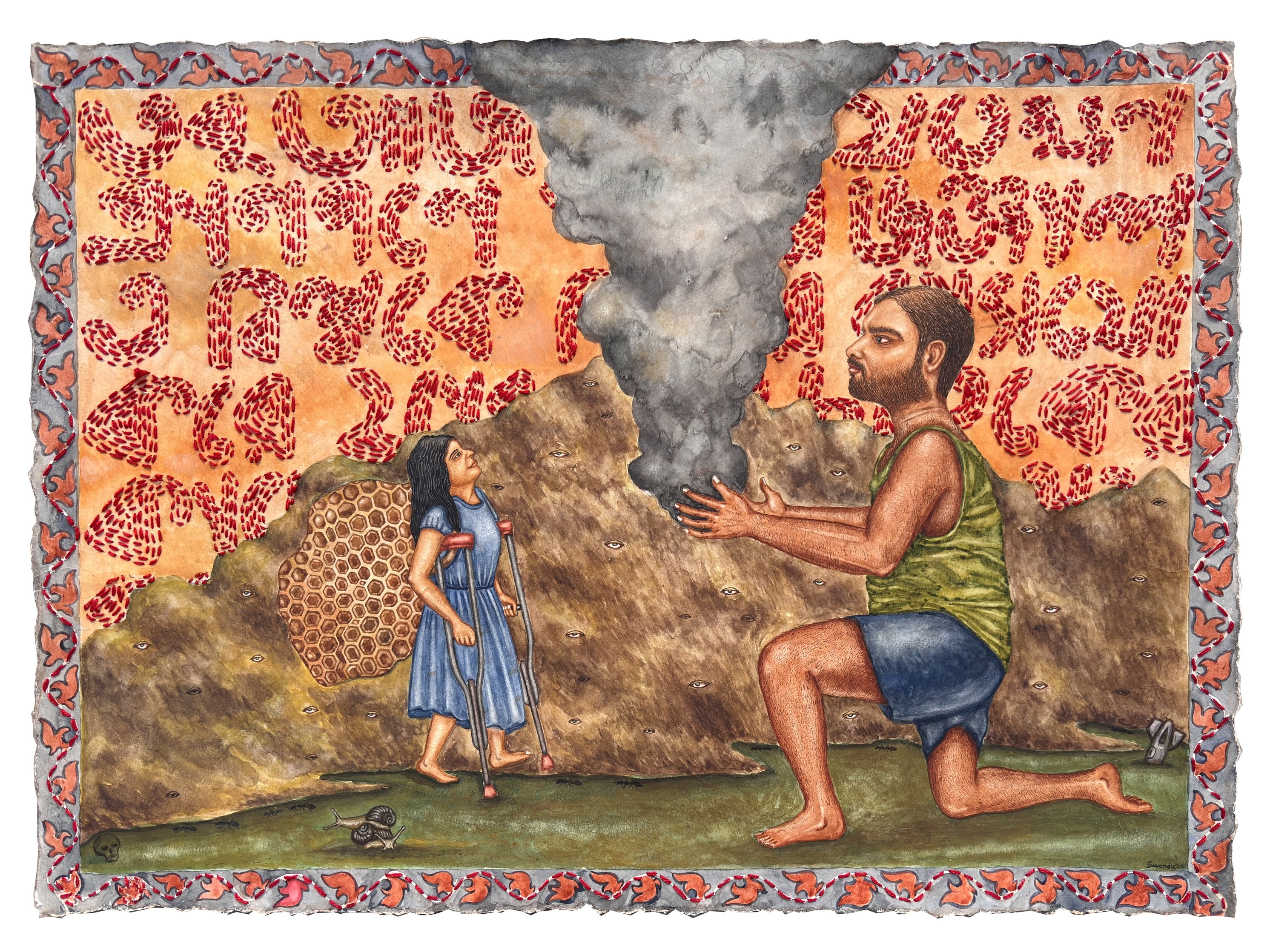 herd of sheep on road painting