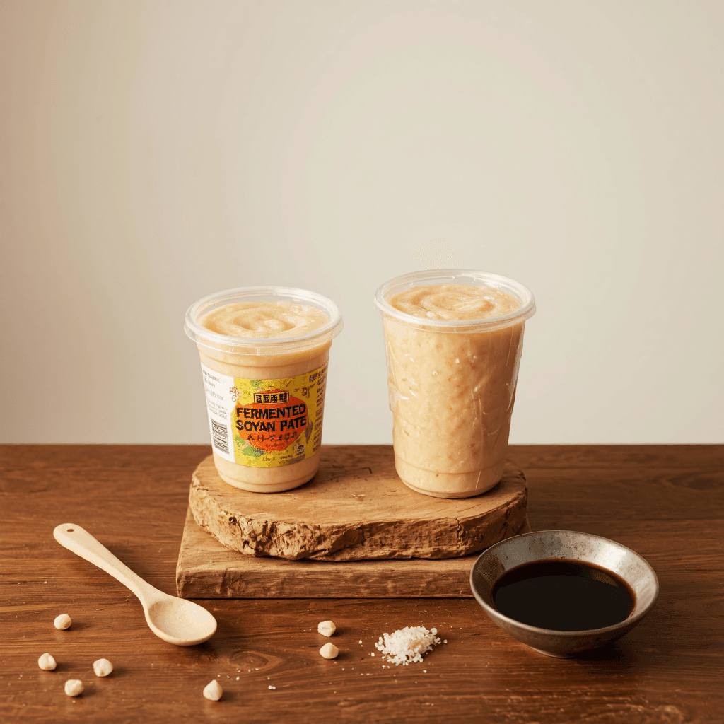 product photography of two containers of fermented soybean paste, used for cooking and seasoning