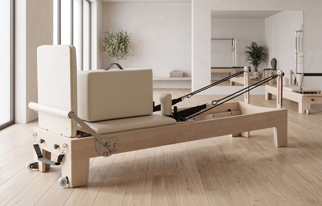 Studio de Pilates équipé de Reformers professionnels en érable, baigné de lumière naturelle