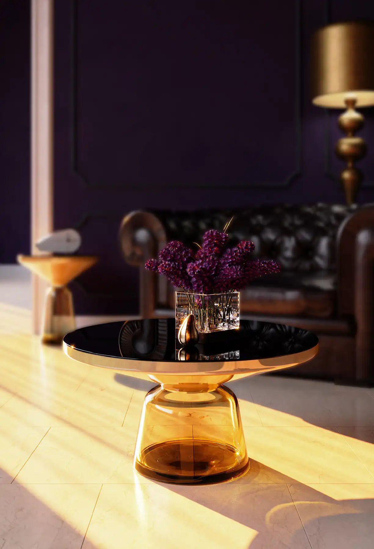 Modern luxury coffee table with amber glass base and black glass top, featuring a crystal vase with purple flowers on polished marble floor. Elegant interior design.