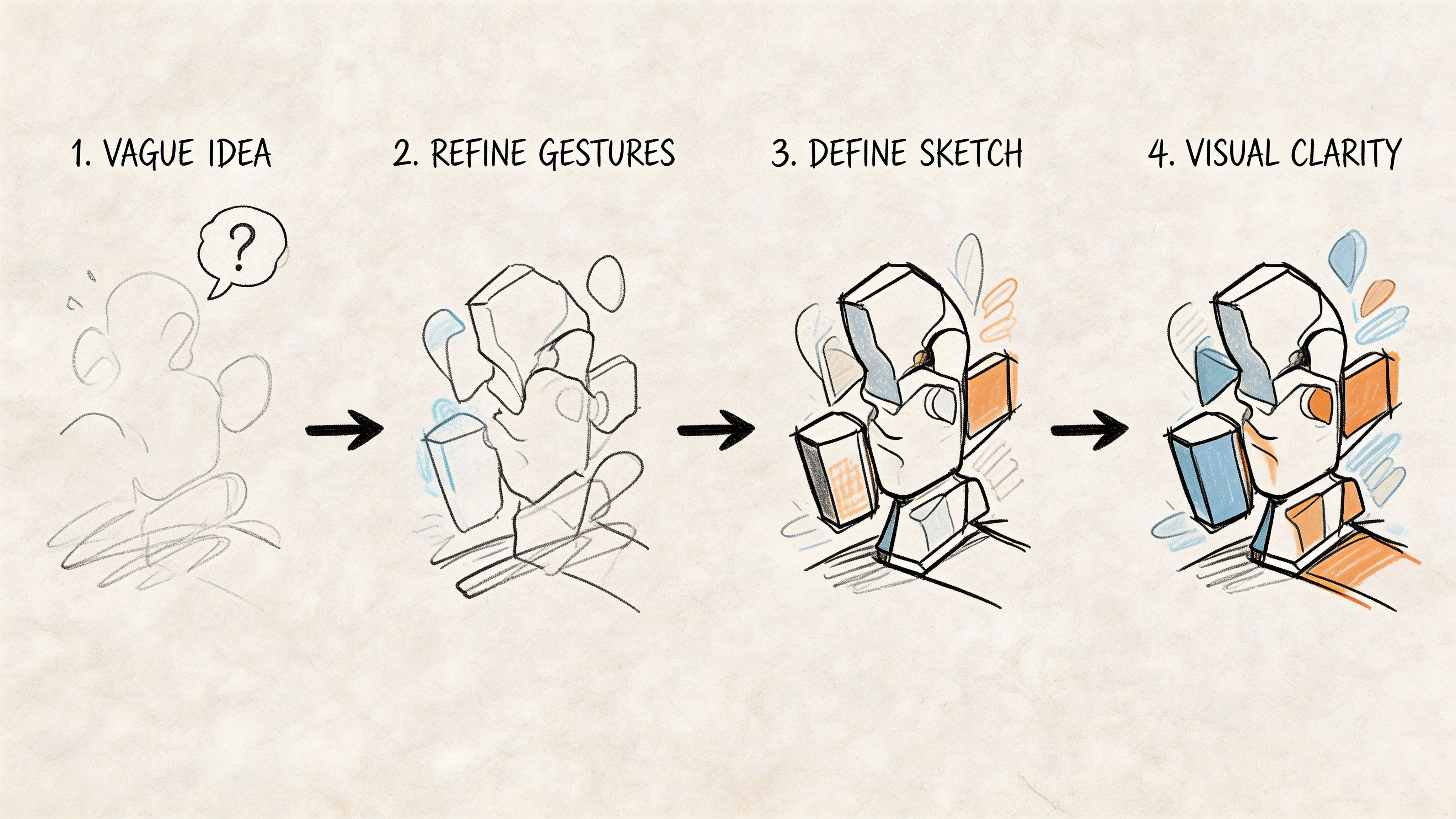 A four-step illustration showing the creative process from a vague sketch to a polished final design.